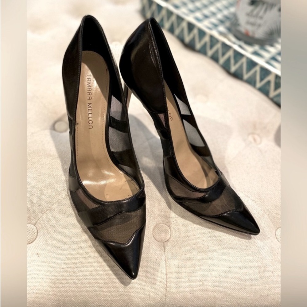 ISO Tamara Mellon Black patent and mesh pointy toe heels 10 1/2 or 11
